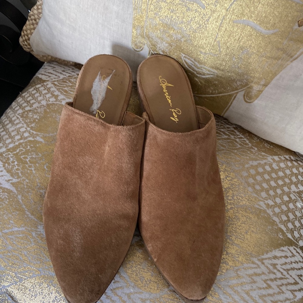 Tan suede wood heel mule